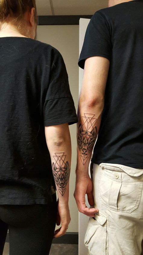 Brother sister best friend matching geometric Wolf tattoo design Matching Tattoos For Best Friends Men, Best Friend Tattoos For Men, Matching Tattoos For Brothers, Brother And Sister Tattoo Ideas Unique, Friendship Tattoos For Guys, Thigh Piece Tattoos, Brothers Tattoo, Sagittarius Tattoo Designs, Geometric Wolf Tattoo