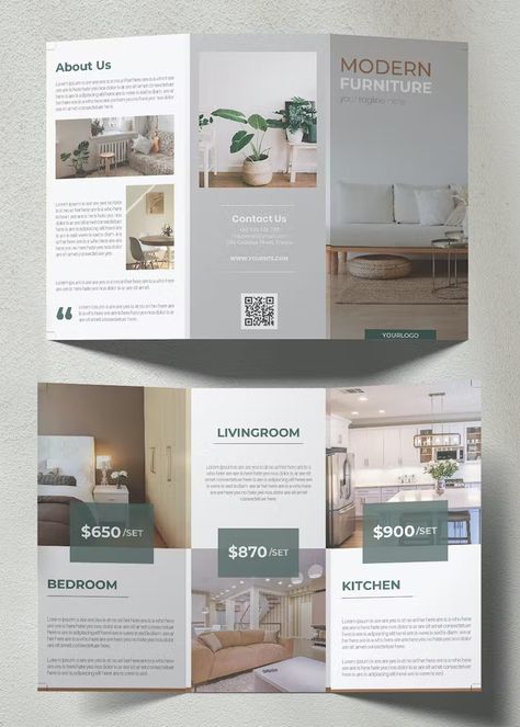 Furniture Trifold Brochure Template AI, EPS, PSD Brochures Design Ideas, Furniture Brochure Design, Interior Design Brochure, Professional Brochure Design, Freelance Interior Designer, Interior Brochures, Brochures Design, Brochure Design Layouts, Teaching Graphic Design