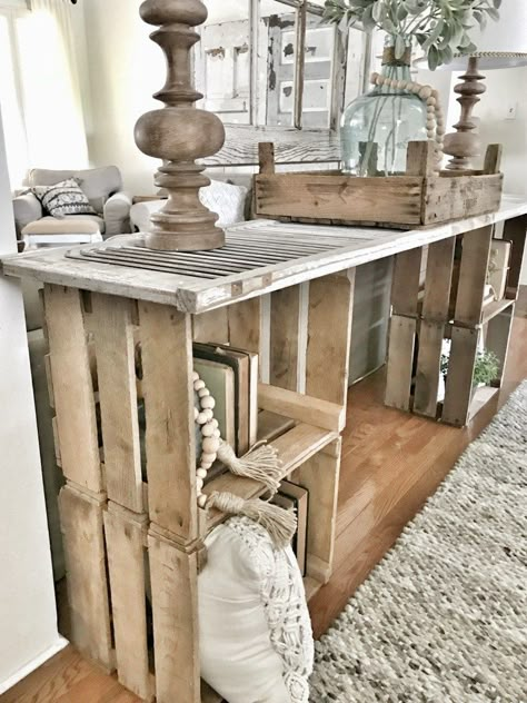 Easy DIY Console Table | Bless This Nest Entryway Table Hanging Window Decorating with Crates Flea Market Finds Do It Yourself Decoration, Diy Console, Diy Console Table, Farmhouse Side Table, Cute Dorm Rooms, Farmhouse Remodel, Farmhouse Style Kitchen, Modern Farmhouse Kitchens, Wooden Crates