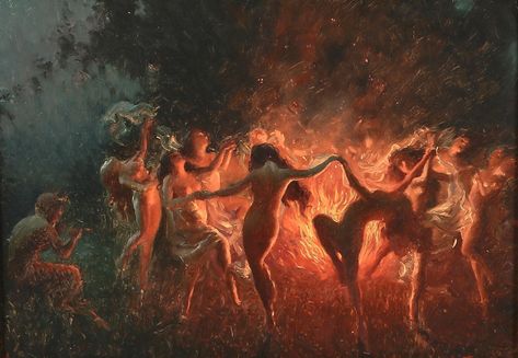 Lot - Joseph Tomanek (American, 1889-1974), Fire dance, oil on artists board, 9 1/2 x 13 1/2in (24 x 34.5cm) Joseph Tomanek, Fire Goddess, Witch Painting, Pre Raphaelite Art, Fire Painting, Pre Raphaelite, Ethereal Art, Classical Art, Sacred Art