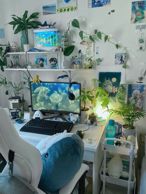 need juminocore finds? follow me! ⭐️🌾 Ocean Room Asthetics, Ocean Apartment Aesthetic, Ocean Themed Pc Setup, Ocean Theme Room Aesthetic, Ocean Decor Aesthetic, Ponyo Room Aesthetic, Ocean Room Decor Aesthetic, Ocean Theme Home Decor, Ocean Room Inspiration