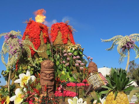 Tikis on Dole’s 2015 Rose Parade Float: Rhythm of Hawaii | The Tiki Chick Hawaii Theme, Globe Amaranth, Rose Parade, Enchanted Tiki Room, Dendrobium Orchids, Real Fire, Parade Float, Tiki Room, Pinto Beans