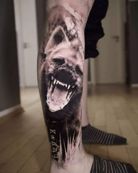 Powerful Animal Tattoos, Safari Animal Tattoos, Animal Leg Sleeve Tattoo, Hyena Tattoo Designs, Realistic Animal Tattoos, African Warrior Tattoos, Hyena Tattoo, African Sleeve Tattoo, Calf Sleeve Tattoo