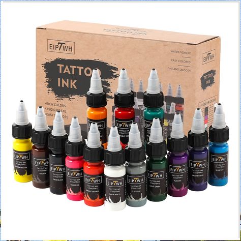 Eiptwh 14 Color Tattoo Inks Set 15ml 0.5oz Professional Tattoo Ink Kit for Tattoo Artist and Hobbyists Purple Tattoo Ink, Green Tattoo Ink, Pink Tattoo Ink, Brown Tattoo Ink, Tattoo Ink Colors, Professional Tattoo Kits, Tattoo Ink Sets, Sky Tattoos, Purple Tattoos