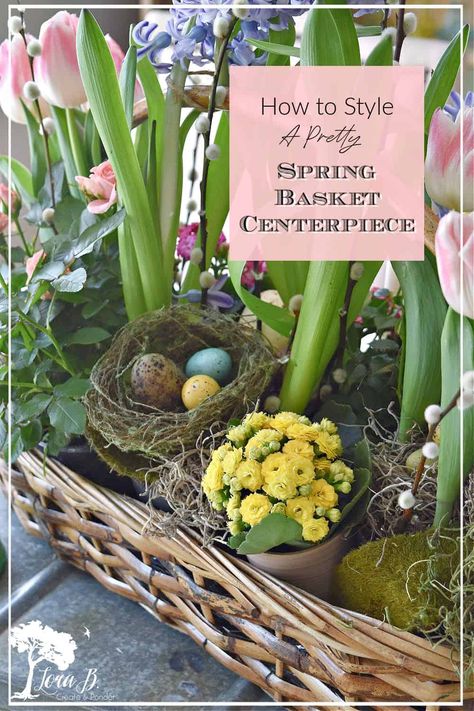 Style a pretty Spring basket centerpiece with these tips for arranging. Enjoy all season long. #Springdecor #Springdecorating #Springcenterpiece #floralarranging #basketdecor Everyday Table Decor, Easter Basket Centerpiece, Planting Bulbs In Spring, Long Table Centerpieces, Easter Bunny Centerpiece, Basket Centerpiece, Diy Easter Eggs, Basket Centerpieces, Spring Basket