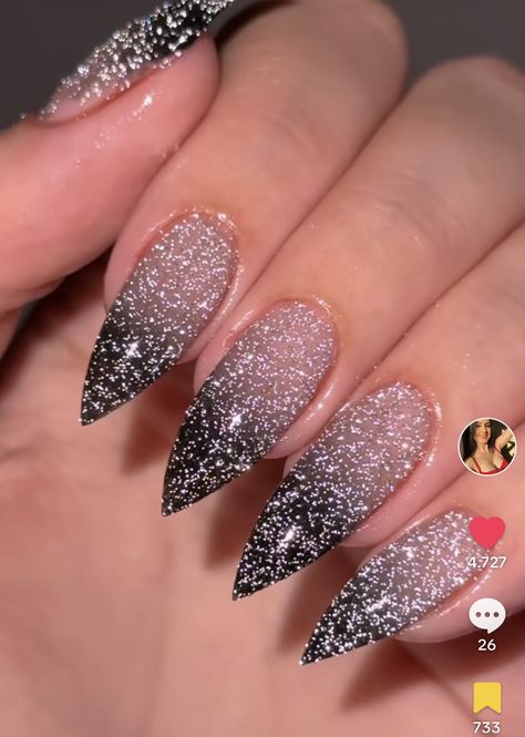 Black French Sparkle Nails, Sparkly Vegas Nails, Nye Nails Glitter, Nails Acrylic New Years Sparkle, Black Glitter Nails Design, New Year Eves Nails, New Years Nails Coffin Long, Black And Silver Sparkle Nails, New Years Stilleto Nails