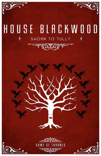 House Blackwood  Sigil - A White Weirwood Tree surrounded by a flock of Ravens  Sworn to House Tully Tully Game Of Thrones, House Blackwood, Got Houses, Game Of Thrones Sigils, Game Of Thrones Series, Valar Dohaeris, Geek Wedding, Asoiaf Art, Gra O Tron