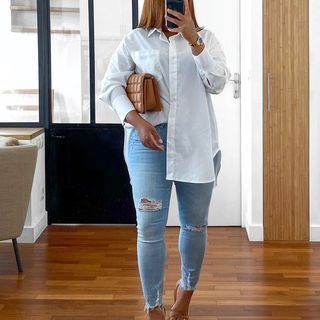 Denim And White Outfits Casual, Denim And White Outfits Classy, White Button Up Outfit, White Shirt Ideas, Oversized White Shirt, White Shirt Outfits, Casual Party Outfit, Friday Outfit, Elegante Casual