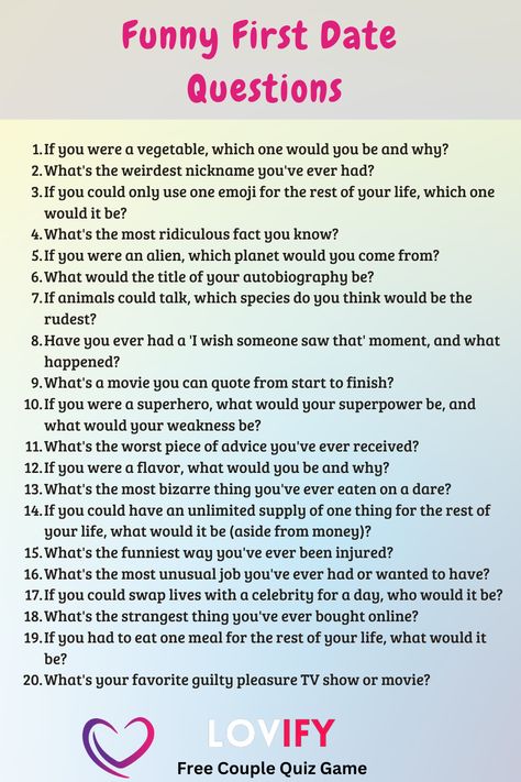 Turn your first date into a comedy show with these hilarious questions! Discover each other's silly sides and create a night filled with giggles and good vibes. Whether you're at a café or strolling in the park, these funny first date questions are sure to make your date one to remember. Swipe for endless fun! 😄🌟 #FunnyFirstDateQuestions #DatingHumor #LaughTogether #DateNight #FirstDateMagic






https://tr.ee/A7KU4qgeGt What Ifs Questions, Date Night Questions, Date Questions, Couples Quizzes, First Date Questions, Best Self Help Books, Dating Questions, Belly Laughs, What If Questions