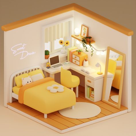 3d Dorm Room, Bedroom With Second Floor, 3d Bedroom Design Interiors, 3d Rooms Drawing, Minimalistic Pastel Room, Blender 3d Room, Blender Bedroom, Diorama Bedroom, Mini Room Ideas