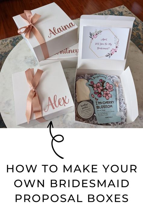 Open and closed bridesmaid proposal boxes with rose gold names and matching ribbon Homemade Bridesmaid Proposal, Will You Be My Bridesmaid Diy, Cheap Bridesmaid Proposal, Bridesmaid Gift Boxes Diy, Bridesmaid Boxes Diy, Diy Jewelry Gift Box, Bridesmaid Proposal Box Ideas, Diy Bridesmaid Proposal, Groom Box