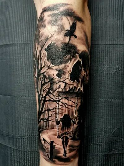 Natur Tattoo Arm, Graveyard Tattoo, Warrior Tattoo Sleeve, Half Sleeve Tattoos Forearm, Evil Skull Tattoo, Catrina Tattoo, Skull Sleeve Tattoos, Skull Sleeve, Wicked Tattoos