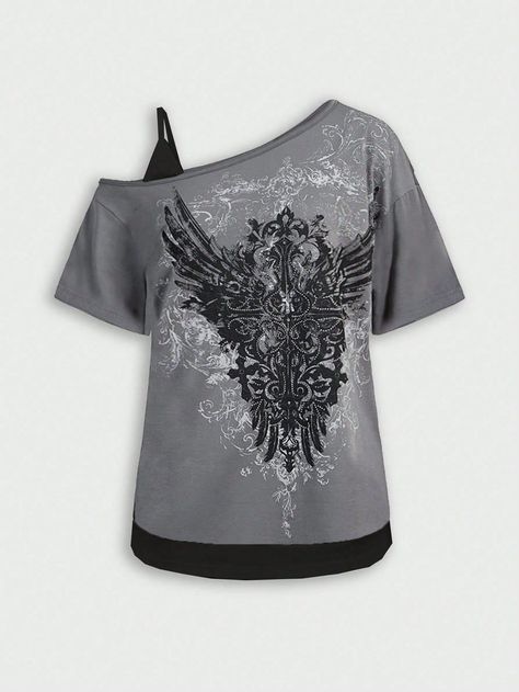 Punk Model Wing Sample Print With Rhinestones Unfastened Off-Shoulder Ladies's T-Shirt- #loose #OffShoulder #Pattern #print #Punk #rhinestones #style #TShirt #WING #Womens Check more at https://howcandothis.com/womenstyle/punk-model-wing-sample-print-with-rhinestones-unfastened-off-shoulder-ladiess-t-shirt/ Styl Grunge, Music Festival Outfit, T Shirt Oversize, Estilo Punk, Style Punk, Loose Shirts, Kids Sleepwear, Festival Outfit, Grunge Fashion