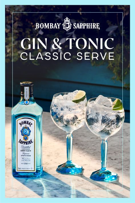 You never need an excuse to drink a classic Bombay Sapphire & Tonic. Enjoy with ice and a slice of lime or get experimental with creative garnishes and flavoured tonics. However you decide to serve your gin and tonic, choose the crisp flavour of Bombay Sapphire. Tap for the recipe. #bombaysapphire #gin #ginandtonic #summerdrinks #summerrecipes #drinksrecipes #recipe ​ ​ Bottle Ads, Gin Mixers, Gin Based Cocktails, Ginger Ale Recipe, Rose Spritz, Blue Gin, Mixology Drinks, Classic Gin Cocktails, Bombay Sapphire Gin