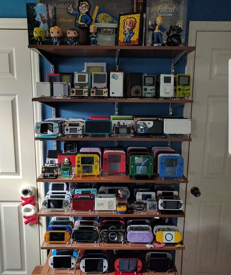 Gameboy Display, Game Console Organization, Retro Gaming Room, Geek Room, Nerd Room, Retro Games Room, Handheld Video Games, Game Storage, Video Game Rooms