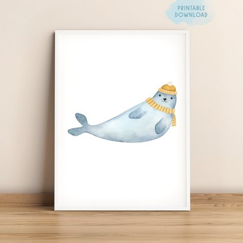 A cute little seal with a yellow set of a winter hat and a scarf - printable digital download Seal nursery print, Arctic nursery decor, Polar animals wall art, Baby animal poster, Printable kids playroom decor, Winter scarf hat This baby seal nursery or kids' woodland printable wall art - illustration - is a digital download digitized version of my own original painting. It was scanned to a high-resolution image, which you can download instantly and print it yourself, either at home or by using a professional printing service in your area or online. You will get 5 high-quality JPG digital image files in 300dpi. These digital files come in 5 different sizes that you can download instantly: - 5x7 - 13 x 18 cm - 8x11 - 20 x 28 cm - 10x14  -25 x 35 cm - 12x16 - 30.5 x 40.5 cm - 15x20 - 38 x 50 Narwhal Art, Arctic Nursery, Whale Nursery Decor, Ocean Nursery Decor, Creature Marine, Ocean Themed Nursery, Whale Painting, Whale Illustration, Whale Nursery