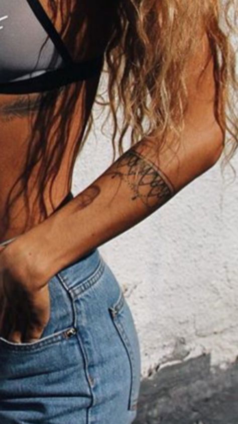 Lower Arm Band Tattoo For Women, Tattoo Inspiration Forearm, Around Arm Tattoo Band Women, Woman Band Tattoo, Tattoo Arm Bands For Women, Women’s Arm Band Tattoo, Arm Band Tattoos Women, Delicate Arm Band Tattoo, Tattoo Arm Band Women