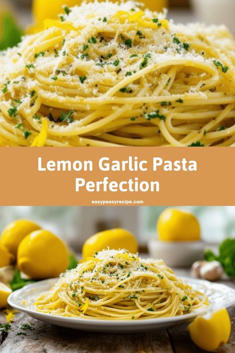 A plate of freshly made lemon garlic pasta garnished with grated cheese and parsley, with lemons and garlic in the background. Garlic Lemon Pasta, Lemon Butter Sauce Pasta, Garlic Pasta Recipe, Lemon Pasta Recipes, Garlic Butter Pasta, Lemon Garlic Pasta, Lemon Garlic Sauce, Easy Zucchini Recipes, Artichoke Pasta