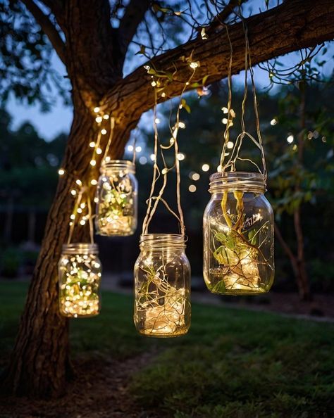 Fairy Lights In Garden Ideas, Courtyard Fairy Lights, Tree Lights Hanging, Small Garden Fairy Lights, Fairy Lights Backyard Party, Tree Hanging Decor Outdoor, Fairy Lights Decoration Ideas, Fairy Lights In Jar, Fairy Lights Garden Outdoor