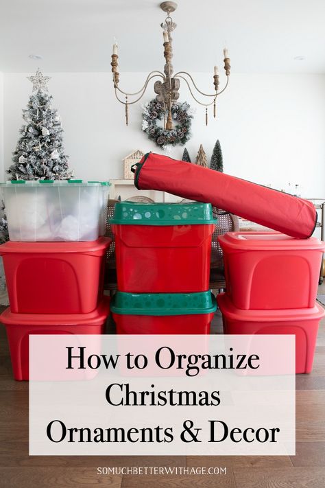 How to Organize Christmas Ornaments and Decor | So Much Better with Age | Christmas ornament and decor storage tips to minimize space and keep your keepsakes safe! #organization #christmasdecor Best Way To Store Christmas Ornaments, Christmas Ornament Organization, Storing Christmas Ornaments, How To Store Christmas Ornaments, Christmas Decor Organization, Ornament Organization, Christmas Decor Storage Ideas, Organizing Christmas Decorations, Ornament Storage Ideas