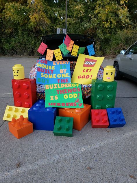 Kingdom Builders Trunk Or Treat, Lego And Let God Trunk Or Treat, Lego Theme Trunk Or Treat, Art Theme Trunk Or Treat, Lego Parade Float Ideas, Lego Themed Trunk Or Treat, Lego Parade Float, Lego Trunk Or Treat Ideas For Cars, Jesus Themed Trunk Or Treat