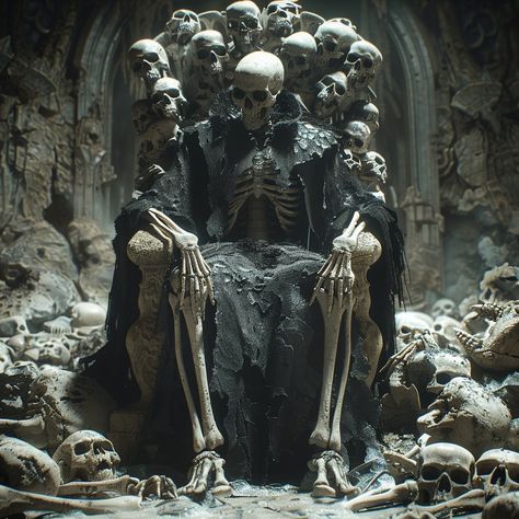 "Even in the ashes, the throne still holds its king 👑💀. Royalty never dies, it just changes form. #kingofbones #darkfantasy #throneofashes #ancientpower #spookyvibes #skeletalremains #forgottenkingdom #gothicstyle #darkacademia #ashesandembers #hauntingbeauty #undeadking #darkmystery #shadowyrealm #eternalpower #gothicart #hauntedthrone #royaltyundead #eeriebeauty #burningembers #darkaesthetic #lostpower #fireandash #burntremains" 🔥🖤✨💀 Throne Of Skulls, Skeleton In Armor, Skeleton Throne, Demon Throne, Black Throne, Skull Throne, King On Throne, Skeleton King, Halloween Outside