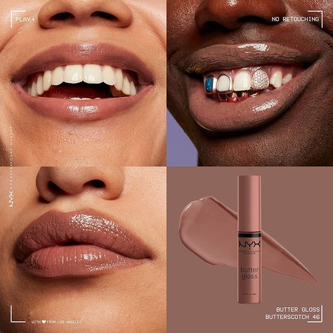 Nyx Swatches, Nyx Butter, Nyx Butter Gloss, Butter Gloss, Glossier Lip Gloss, Metallic Lips, Cruelty Free Cosmetics, Favorite Makeup Products, Smooth Lips