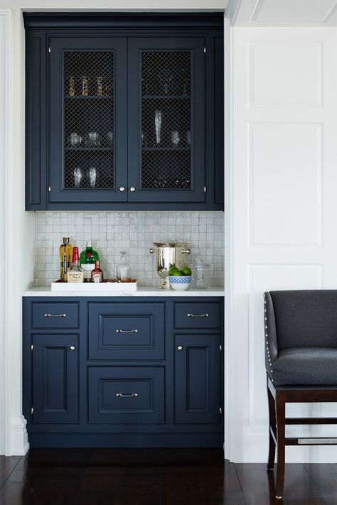 Cabinets painted in Racoon Fur from Benjamin Moore. Navy Cabinets, Cabinet Trends, Shingle House, Brown Floor, Blue Kitchen Cabinets, Pantry Cabinets, Cabinet Paint Colors, Butlers Pantry, Blue Cabinets