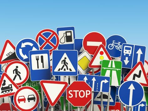 Photo traffic road signs on the sky back... | Premium Photo #Freepik #photo #traffic-signs #road-sign #road-arrow #road-safety Traffic Signs Aesthetic, Traffic Sign Aesthetic, Road Signs Aesthetic, Vertical Signage, Traffic Sign Boards, Traffic Video, Traffic Symbols, Driving Signs, Bus Poster