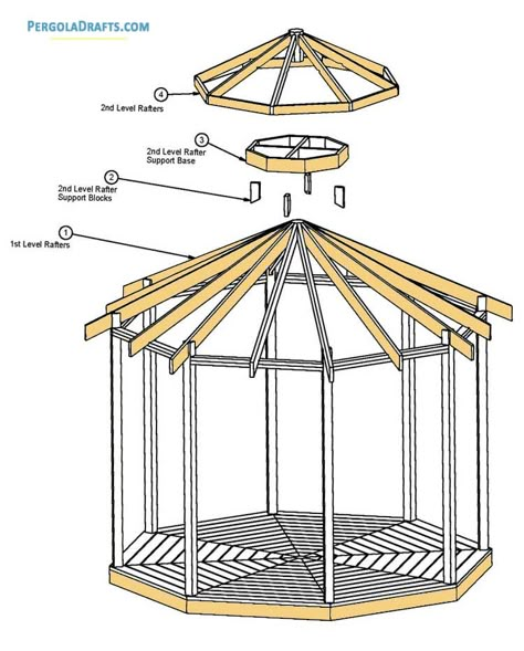 These 12 feet hip roof octagon gazebo plans blueprints have aided many DIY enthusiasts to build a practical summerhouse easily. 12 Feet Hip Roof Octagon Gazebo Plans With Structural Layout Octagon Gazebo Blueprints And Deck Patterns Gazebo Construction Drafts And Rafter Details List Of Materials For Gazebo Crafting Diy Octagon Gazebo, Octagon Gazebo Ideas Backyard, Octagon Roof Design, Octagon Greenhouse, Octagon Pergola, Octagon Arbor, Gazebo Roof Ideas, Gazebo Plans Diy, Gazebo Blueprints