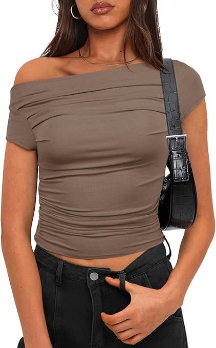 Ladies Casual Tops, Summer Cap, Off The Shoulder Tops, Boat Neck Tops, Slim Fit Top, Dark Brown Color, Shoulder Tops, Women's Casual Style, Off Shoulder Top