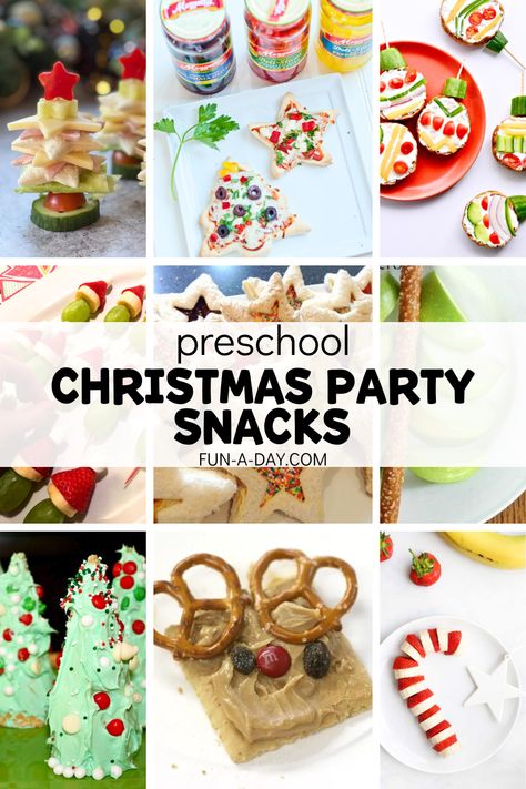 These Christmas snacks kids are just what you need for your classroom Christmas unit. Preschool, pre-k, and kindergarten students will build and create their own festive snacks to enjoy! Click on the Fun-A-Day.com link for more information. Healthy Snack Christmas Party Kids, Kid Christmas Party Snacks, Classroom Winter Party Food Ideas, Classroom Christmas Snacks For Kids, Christmas Kindergarten Snacks, Prek Christmas Snacks, Christmas Tree Snacks For Kids, Christmas Snack Preschool, Diy Christmas Snacks For Kids