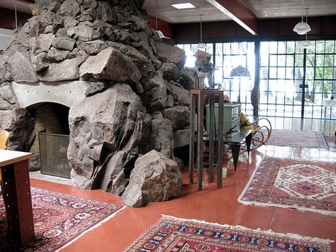 boulder fireplace by jennifer_loring, via Flickr Boulder Fireplace, Masonry Heaters, Stone Fireplaces, Organic House, Stone Age, Home Spa, Wood Paneling, Bouldering, Living Spaces