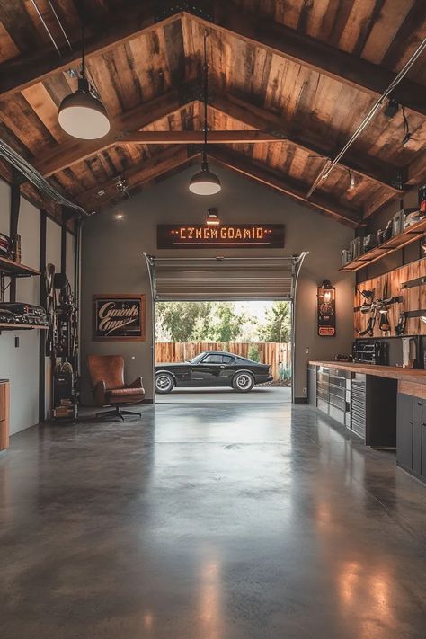 The Best Modern Barndominium Ideas - Edward George Double Garage Interior, Garage Interiors Ideas, Black And Wood Garage Interior, Metal Garage Interior Ideas, Nice Garage Interior, Barndominium Man Cave, Home Shop Ideas, Dark Garage Interior, Barndominium Garage Ideas