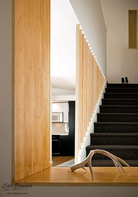 Cali Brands Plywood & Wall Panels - Eco Supply Staircase Bannister, Slatted Walls, Open Staircase Ideas, Plywood Wall Paneling, Industrial Carpet, Townhouse Renovation, Contemporary Townhouse, Stairwell Wall, Bamboo Plywood