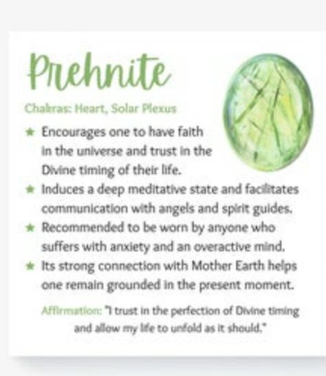 Prehnite Crystal Meaning, Prehnite Meaning, Energy Stones Crystal Healing, Crystals Meanings, Stone Meanings, Prehnite Crystal, Crystal Healing Chart, Pagan Spirituality, Chakra Affirmations