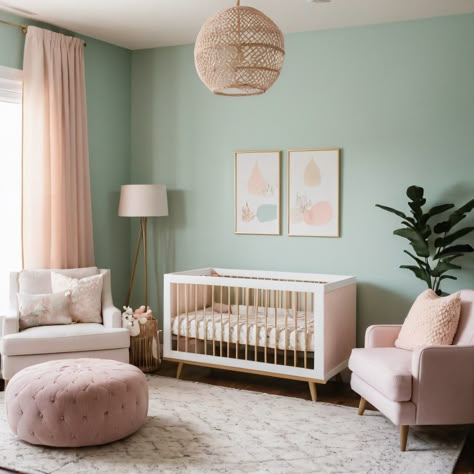 ⚠️LINK IN BIO⚠️ A modern nursery with a soft, calming color palette, comfortable furniture, and whimsical decor elements for a nurturing and peaceful atmosphere. #Nursery #Modern #SoftColors #ComfortableFurniture #WhimsicalDecor Mint Pink Gray Nursery, Pink And Green Safari Nursery, Green Nursery Pink Accents, Peach And Mint Nursery, Pink And Mint Nursery, Dark Green And Pink Nursery, Mint Green Nursery Girl, Green Toddler Room Girl, Pink And Green Baby Room