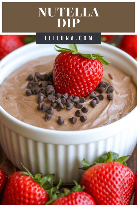 Filled with hazelnut goodness and a helping of tangy cream cheese & whipped cream, this Nutella fruit dip is heavenly! #nutellafruitdip #nutellacheesecakefruitdip #nutella #fruitdip Nutella Dip Recipes, Hand Held Appetizers, Nutella Fruit Dip, Camping Trip Food, Nutella Dip, Best Chicken Enchilada Recipe, Nutella Cream Cheese, Cake Batter Truffles, Yogurt Fruit Dip