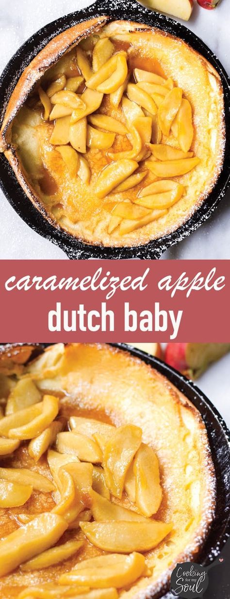 Caramelized Apple Dutch Baby Pancake! This easy Dutch baby recipe is so fun to make. The pancake is tender, and the cinnamon brown sugar apples are delightful #applepancake #dutchbaby #dutchbabypancake | cookingformysoul.com Cast Iron Pancake Recipe, Apple Dutch Baby Recipe, Cast Iron Pancakes, Apple Dutch Baby, German Apple Pancake, Dutch Baby Pancakes, Dutch Baby Recipe, Baby Recipe, Dutch Babies