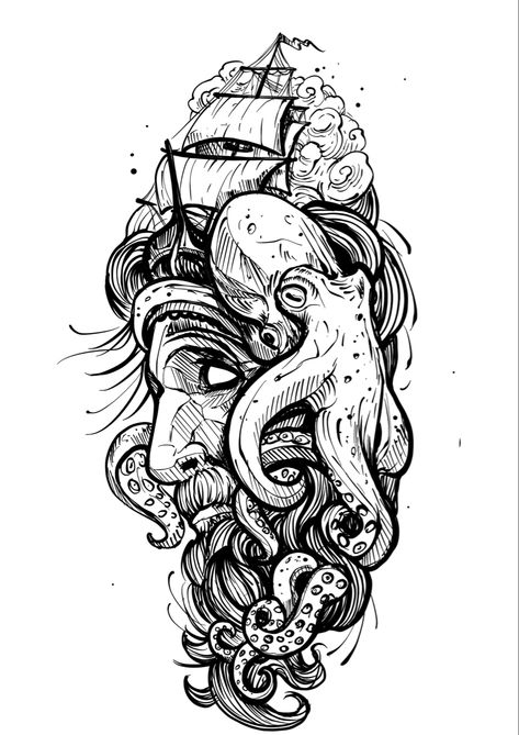 Fillegre Tattoo Design, Traditional Tattoo Style Drawings, Sea Warrior Tattoo, Dark Ocean Tattoo Design, Shark Jaw Tattoo, Octopus Sketch Tattoo, Octopus Pirate Tattoo, Sea Tattoo Sleeve, Octopus Taking Down Ship Tattoo