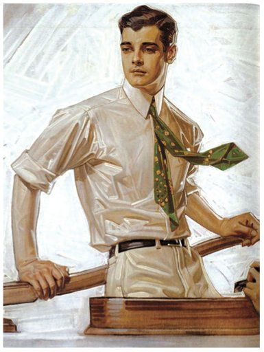 Charles Beach [Model] by Joseph Christian Leyendecker [Illustrator].  Fellow illustrator Norman Rockwell described Beach as "Tall, powerfully built and extraordinarily handsome - looked like an athlete from the Ivy League colleges. He spoke with a clipped British accent and was always beautifully dressed. His manners were polished and impeccable." American Illustration, Gibson Girl, Wow Art, Art Et Illustration, Norman Rockwell, Male Art, Vintage Hairstyles, Vintage Illustration, Gibson