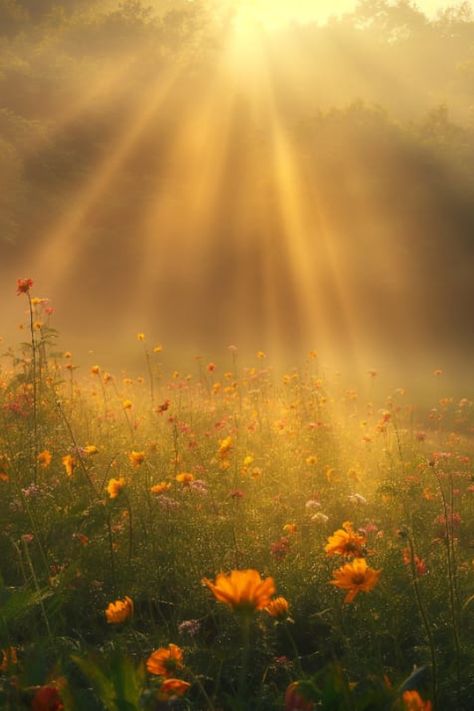 wildflowers, meadow, sunlight, rays of sun, golden light, nature's beauty, spring bloom Sunbeams Aesthetic, Ray Of Sunshine Aesthetic, Sun Rays Aesthetic, Kathy Core, Photos For Painting Reference, Brain Study, Sunlight Aesthetic, Sunshine Weather, Sunshine Aesthetic