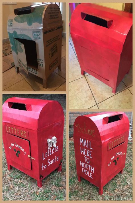 Mailbox For Santa Letters, Mailbox For Santa, Santa Mail Box Ideas Diy, Cardboard Mailbox Diy Christmas, Letters To Santa Mailbox Diy Cardboard, Santa Mailbox Decor, How To Make A Mailbox For Santa Letters, Santa Letter Mailbox Diy, Christmas Mail Box Diy