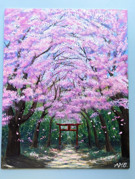 Acrylic painting tutorial for beginners Cherry Blossom Forest Painting, Easy Cherry Blossom Painting, Sakura Painting Acrylic, Cherry Blossom Bridge, Sakura Tree Painting, Sakura Painting, Festival Paint, Blossom Painting, Cherry Blossom Painting