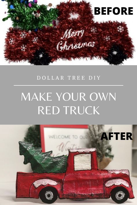 Tree Tinsel, Truck Crafts, Dollar Tree Christmas Decor, Truck Diy, Christmas Red Truck, Christmas Centerpieces Diy, Dollar Tree Christmas, Christmas Truck, Tree Diy