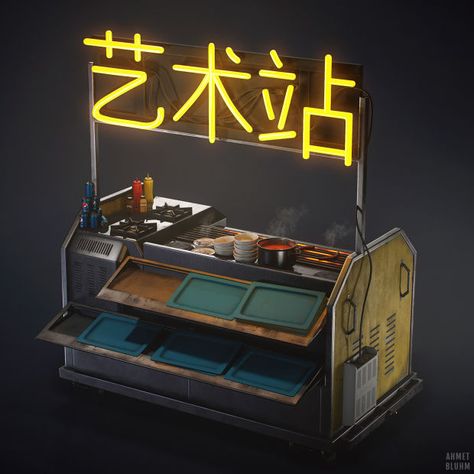 Modeling and Texturing a Sci-Fi Ramen Shop Sci Fi Shop Concept Art, Sci Fi Market, Sci Fi Table, Sci Fi Bar, Sci Fi Food, Cyberpunk Food, Cyberpunk Props, Three Point Lighting, Sci Fi Aesthetic