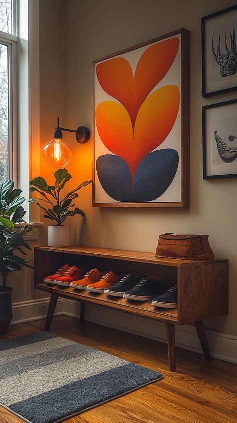 Mid-Century Modern Mudroom Ideas: Artistic and Functional Design Mcm Entryway Ideas, Mid Century Modern Entrance, Modern Mudroom Ideas, Modern Mudroom, Mid Century Modern Entryway, Wooden Shoe Rack, Apartment Entryway, Mudroom Ideas, Wooden Shoe Racks