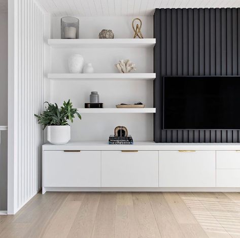 Sleek American Oak batten detail tv wall, finished in black stain by @uneekinteriorsolutions Small Tv Room, Feature Wall Living Room, Living Room Wall Units, Living Tv, Small Living Room Decor, Living Room Tv Wall, Living Room Inspo, Lounge Room, Living Room Tv