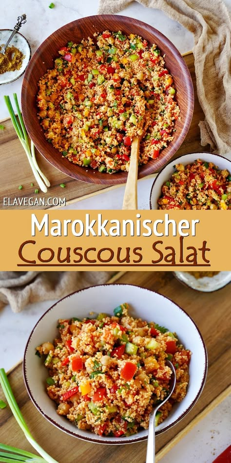 Dieser Couscous Salat mit Kichererbsen und Gemüse ist würzig, leicht, aromatisch, sommerlich und voller Geschmack. Das Couscous Rezept eignet sich perfekt als vegane Beilage oder Hauptspeise und ist in nur 15 Minuten fertig! Vegan Couscous Recipes, Couscous Salad With Chickpeas, Moroccan Couscous Salad, Salad With Chickpeas, Couscous Salad Recipes, Moroccan Couscous, Couscous Salat, Couscous Recipes, Low Carb Vegan