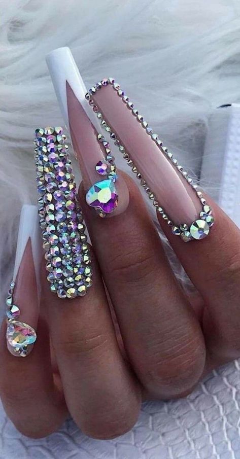 3d Nails With Rhinestones, French Bling Nails Rhinestones, Swarovski Crystal Nails, Rhinestone Summer Nails, Glam French Tip Nails, Diamond Tip Nails, Swarovski Nails Designs, Diamond Nails Rhinestones, French Bling Nails